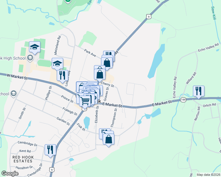 map of restaurants, bars, coffee shops, grocery stores, and more near 19-21 Cherry Street in Red Hook