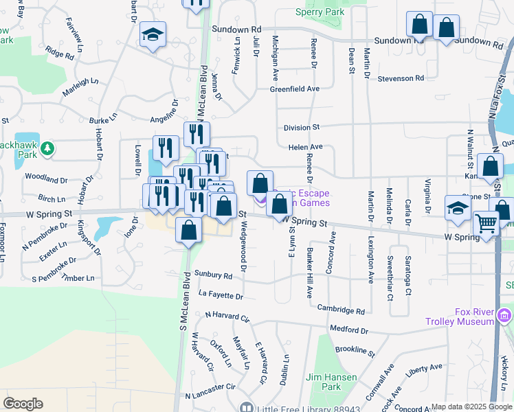 map of restaurants, bars, coffee shops, grocery stores, and more near 343 Stonington Place in South Elgin
