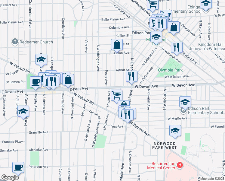 map of restaurants, bars, coffee shops, grocery stores, and more near 120 Devon Avenue in Park Ridge