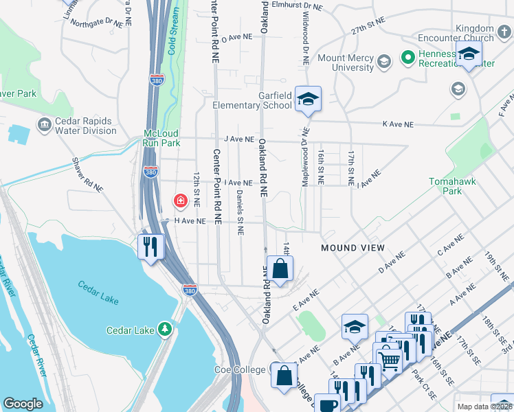 map of restaurants, bars, coffee shops, grocery stores, and more near 945 Oakland Road Northeast in Cedar Rapids