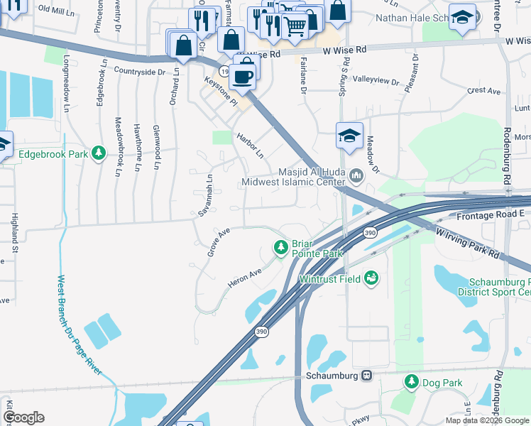 map of restaurants, bars, coffee shops, grocery stores, and more near 1722 Chesapeake Lane in Schaumburg