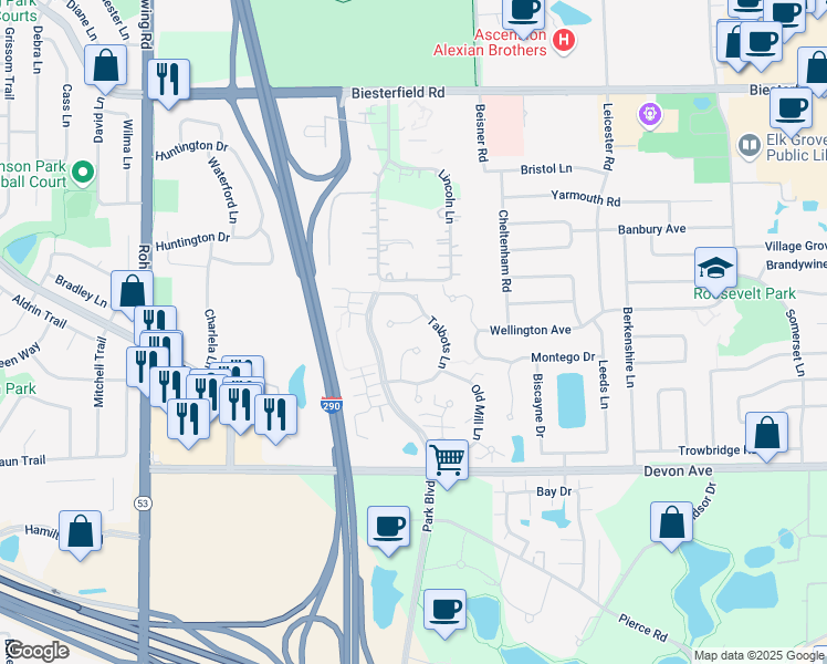 map of restaurants, bars, coffee shops, grocery stores, and more near 926 Little Falls Court in Elk Grove Village