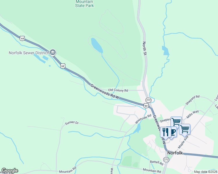 map of restaurants, bars, coffee shops, grocery stores, and more near 53 Old Colony Road in Litchfield County