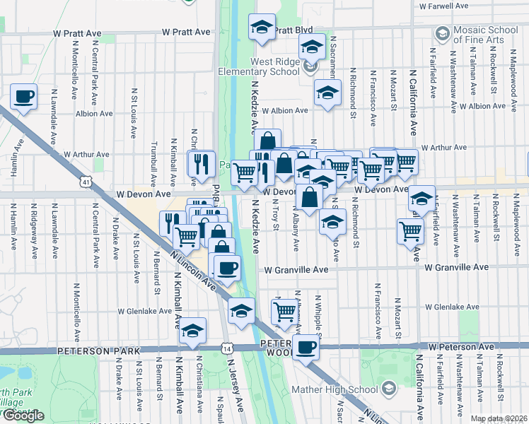 map of restaurants, bars, coffee shops, grocery stores, and more near 6327 North Kedzie Avenue in Chicago