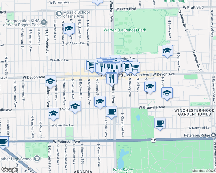 map of restaurants, bars, coffee shops, grocery stores, and more near 6319 North Artesian Avenue in Chicago