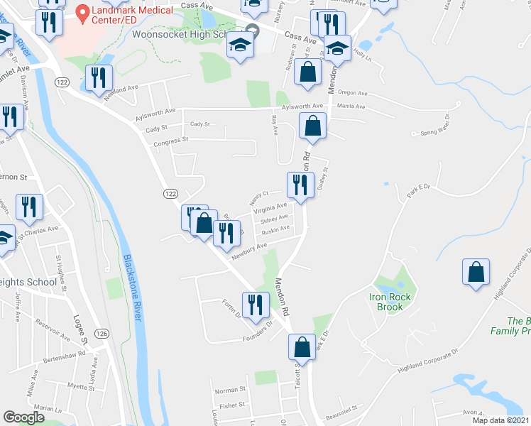 map of restaurants, bars, coffee shops, grocery stores, and more near 107 Virginia Avenue in Woonsocket