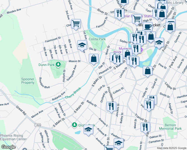 map of restaurants, bars, coffee shops, grocery stores, and more near 80 Mason Street in Woonsocket