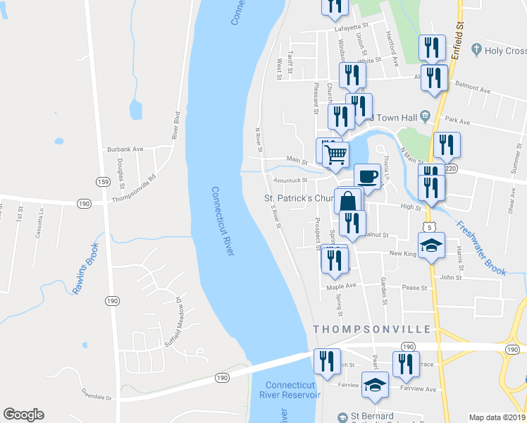 map of restaurants, bars, coffee shops, grocery stores, and more near 30 South River Street in Enfield