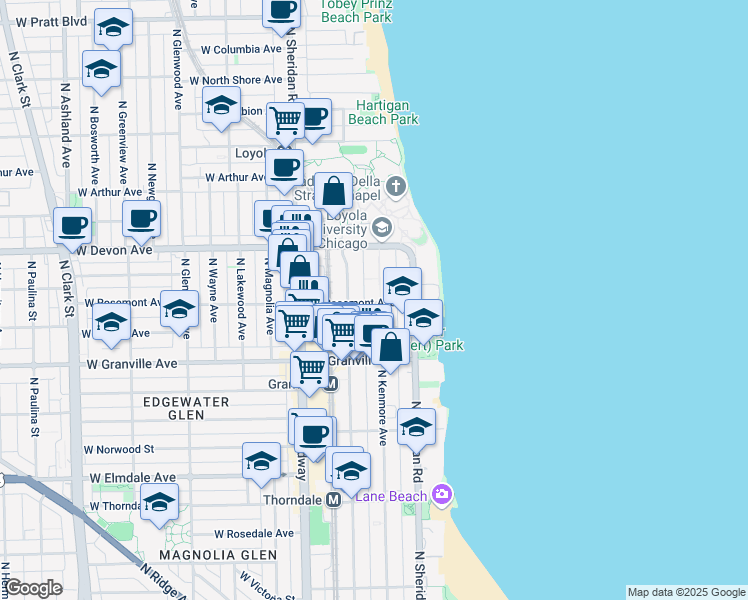 map of restaurants, bars, coffee shops, grocery stores, and more near 6317 North Kenmore Avenue in Chicago