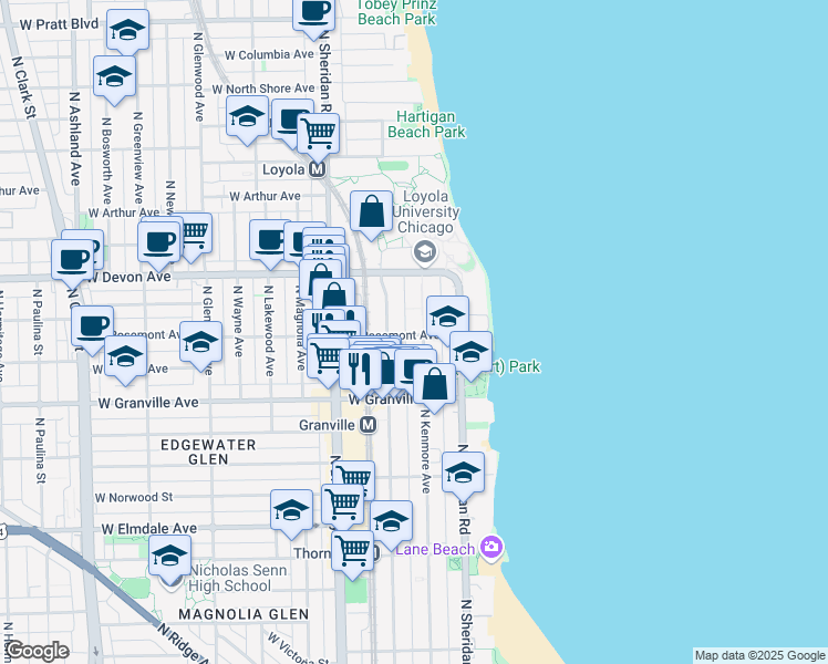 map of restaurants, bars, coffee shops, grocery stores, and more near 6317 North Kenmore Avenue in Chicago
