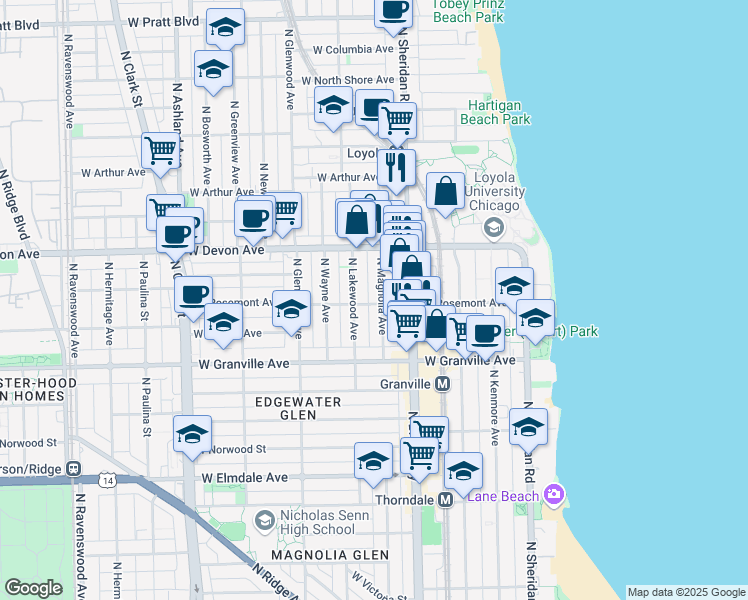 map of restaurants, bars, coffee shops, grocery stores, and more near 6321 North Magnolia Avenue in Chicago