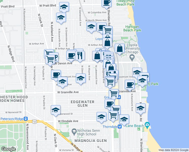 map of restaurants, bars, coffee shops, grocery stores, and more near 6320 North Lakewood Avenue in Chicago
