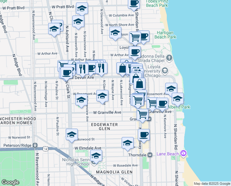 map of restaurants, bars, coffee shops, grocery stores, and more near 6322 North Wayne Avenue in Chicago