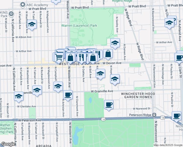 map of restaurants, bars, coffee shops, grocery stores, and more near 2212 West Highland Avenue in Chicago