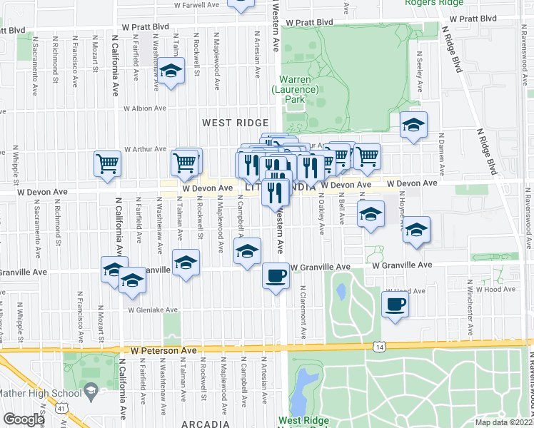map of restaurants, bars, coffee shops, grocery stores, and more near 6312 North Western Avenue in Chicago