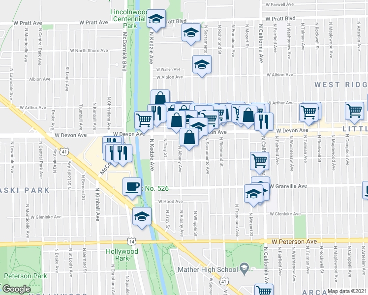 map of restaurants, bars, coffee shops, grocery stores, and more near 3100 West Devon Avenue in Chicago