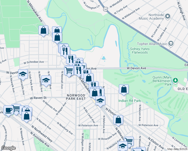 map of restaurants, bars, coffee shops, grocery stores, and more near 6241 West Devon Avenue in Chicago