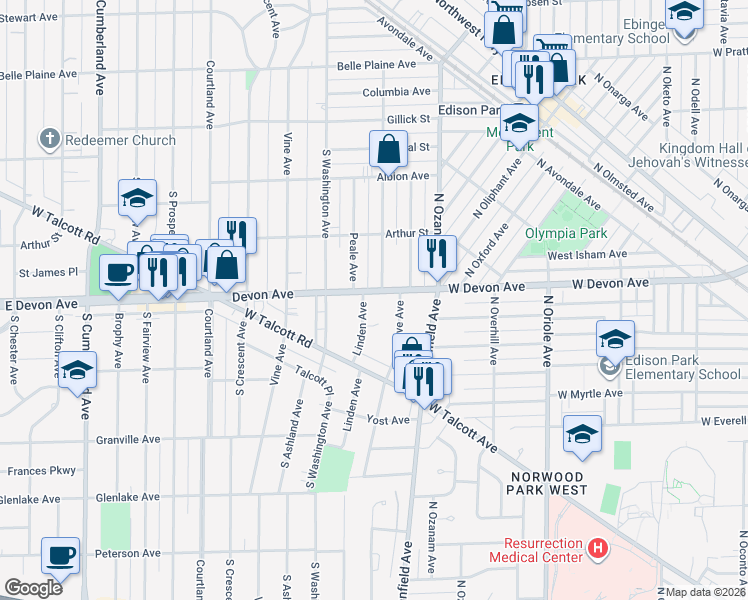 map of restaurants, bars, coffee shops, grocery stores, and more near 120 Devon Avenue in Park Ridge