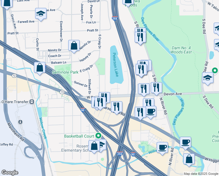 map of restaurants, bars, coffee shops, grocery stores, and more near 2200 East Devon Avenue in Des Plaines