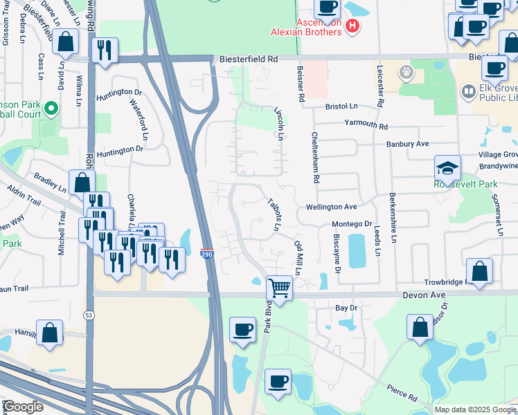 map of restaurants, bars, coffee shops, grocery stores, and more near 926 Little Falls Court in Elk Grove Village