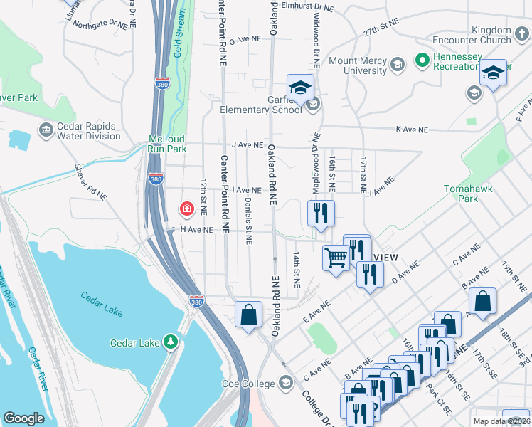 map of restaurants, bars, coffee shops, grocery stores, and more near 945 Oakland Road Northeast in Cedar Rapids