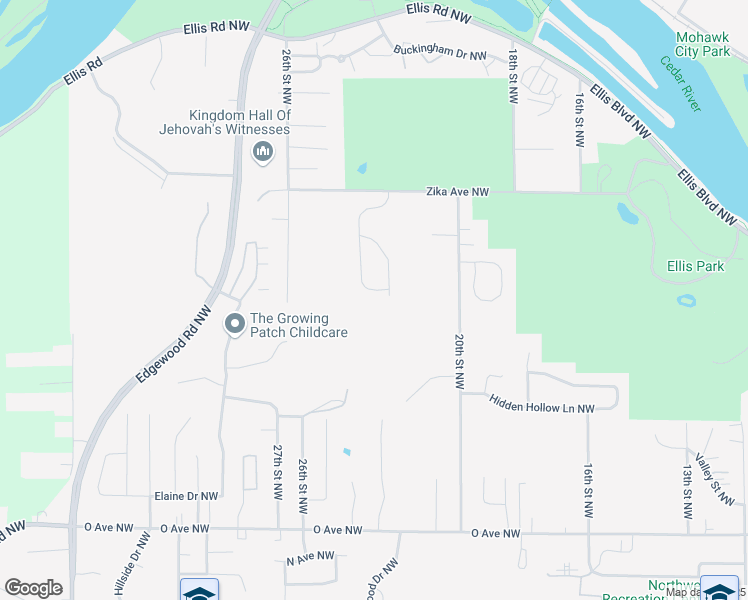 map of restaurants, bars, coffee shops, grocery stores, and more near 2044 Rosewood Drive Northwest in Cedar Rapids