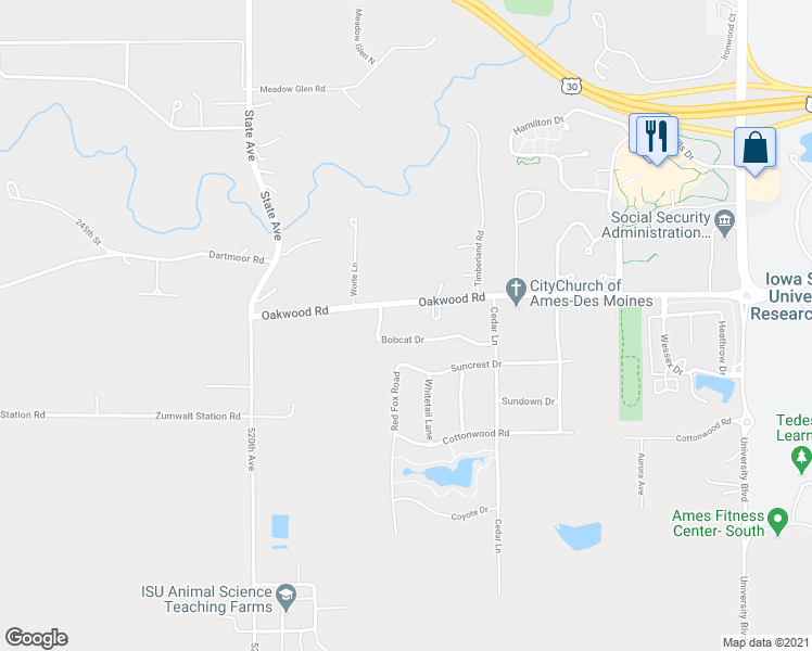 map of restaurants, bars, coffee shops, grocery stores, and more near 2715 Bobcat Drive in Ames