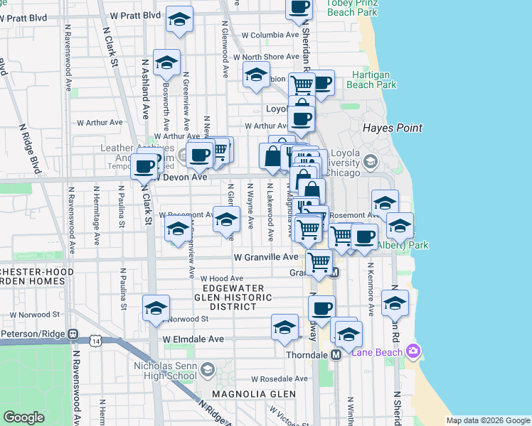 map of restaurants, bars, coffee shops, grocery stores, and more near 6320 North Lakewood Avenue in Chicago