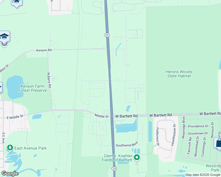 map of restaurants, bars, coffee shops, grocery stores, and more near Illinois 25 in Bartlett