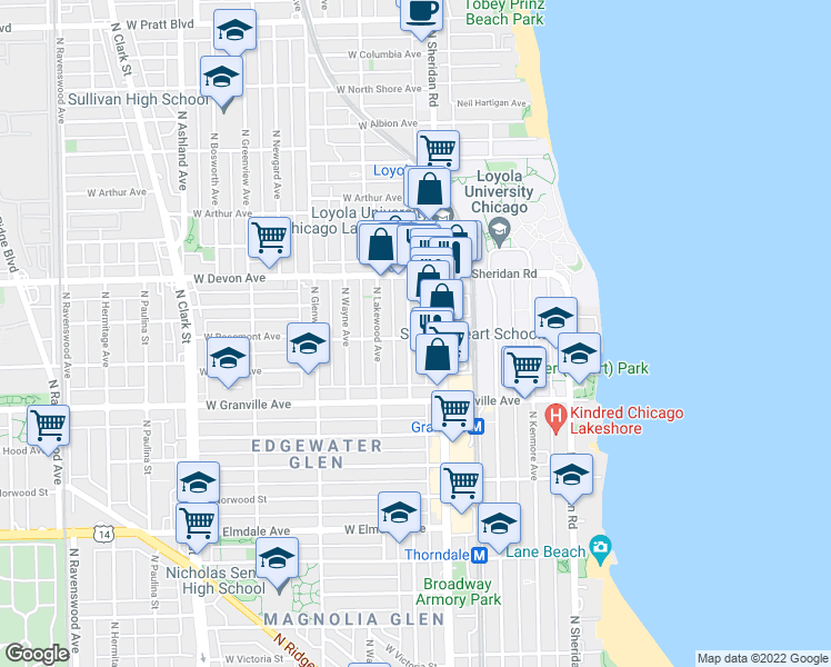 map of restaurants, bars, coffee shops, grocery stores, and more near 1224 West Rosemont Avenue in Chicago