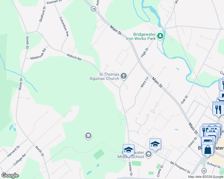 map of restaurants, bars, coffee shops, grocery stores, and more near 165 Aldrich Road in Bridgewater