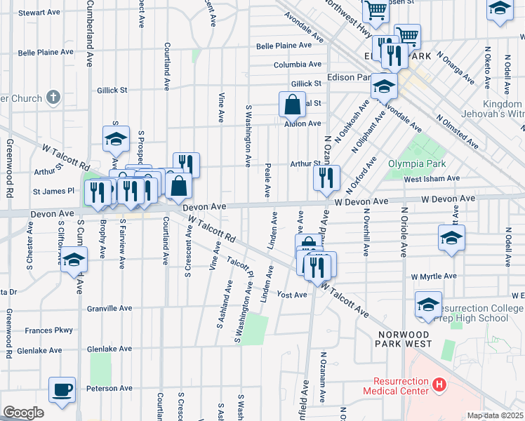 map of restaurants, bars, coffee shops, grocery stores, and more near 235 Devon Avenue in Park Ridge