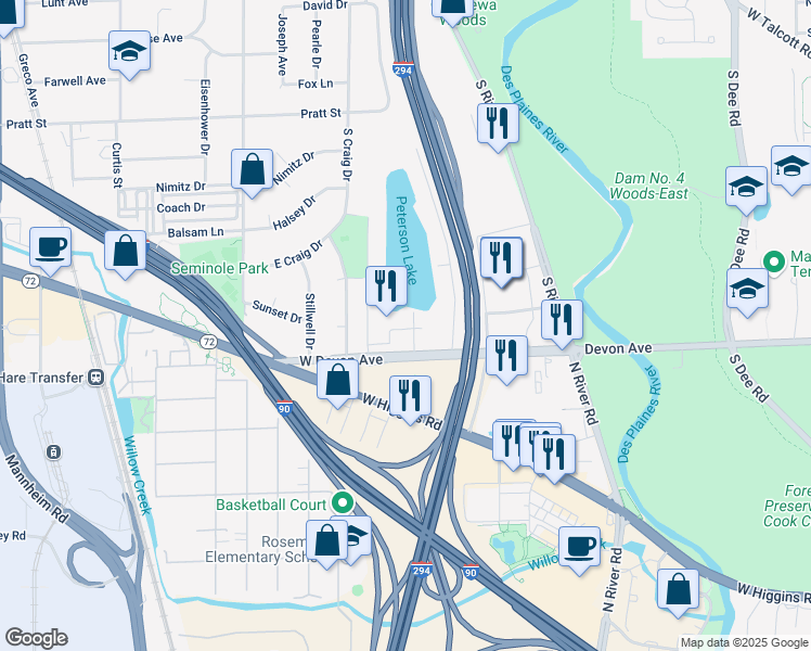 map of restaurants, bars, coffee shops, grocery stores, and more near 2200 East Devon Avenue in Des Plaines