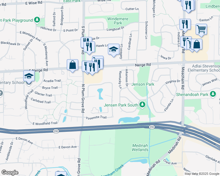 map of restaurants, bars, coffee shops, grocery stores, and more near 707 Cumberland Trail in Roselle
