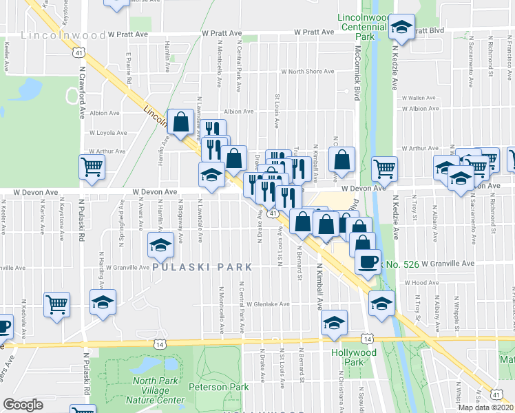 map of restaurants, bars, coffee shops, grocery stores, and more near 6340 North Lincoln Avenue in Chicago
