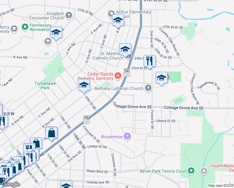 map of restaurants, bars, coffee shops, grocery stores, and more near 2115 1st Avenue Southeast in Cedar Rapids
