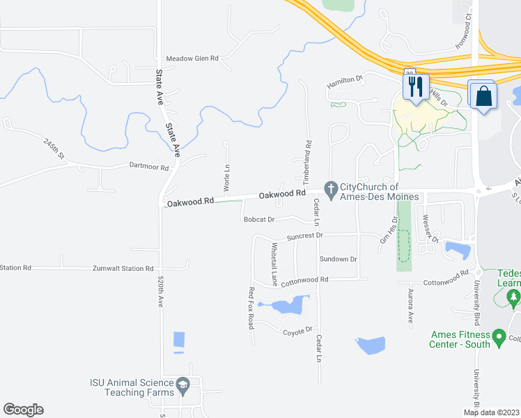 map of restaurants, bars, coffee shops, grocery stores, and more near 2715 Bobcat Drive in Ames