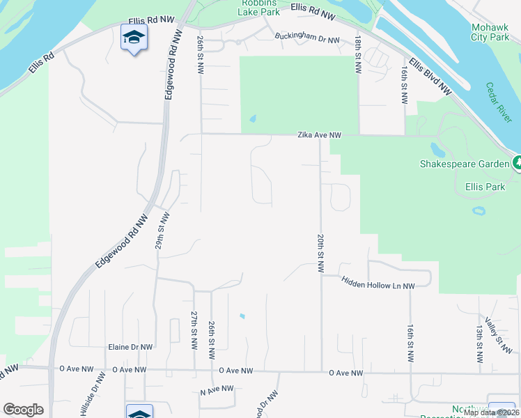 map of restaurants, bars, coffee shops, grocery stores, and more near 2044 Rosewood Drive Northwest in Cedar Rapids