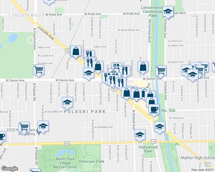 map of restaurants, bars, coffee shops, grocery stores, and more near 6350 North Lincoln Avenue in Chicago