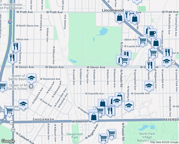 map of restaurants, bars, coffee shops, grocery stores, and more near 6360 North Tripp Avenue in Chicago