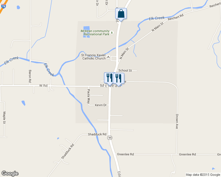 map of restaurants, bars, coffee shops, grocery stores, and more near 9033 Edinboro Road in McKean