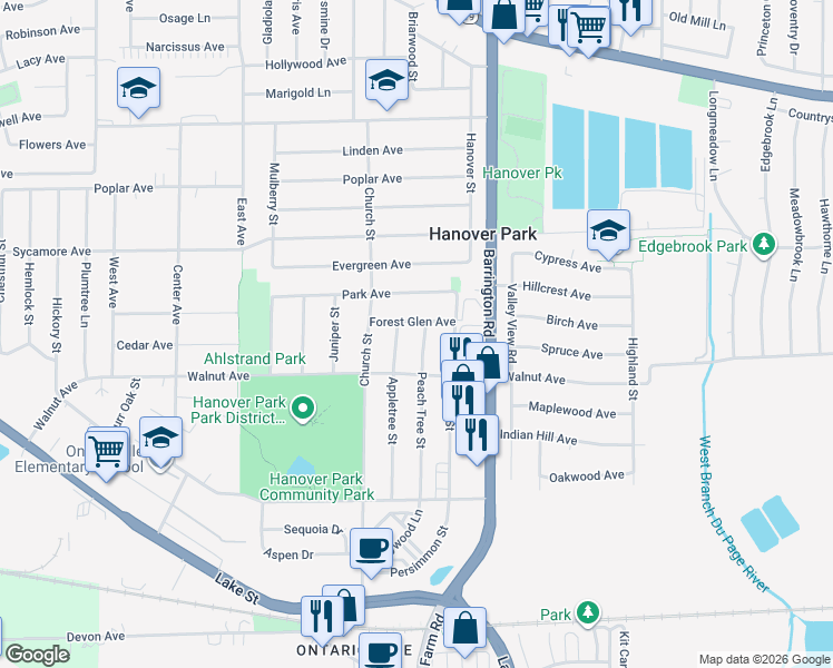 map of restaurants, bars, coffee shops, grocery stores, and more near 1700 Forest Glen Avenue in Hanover Park