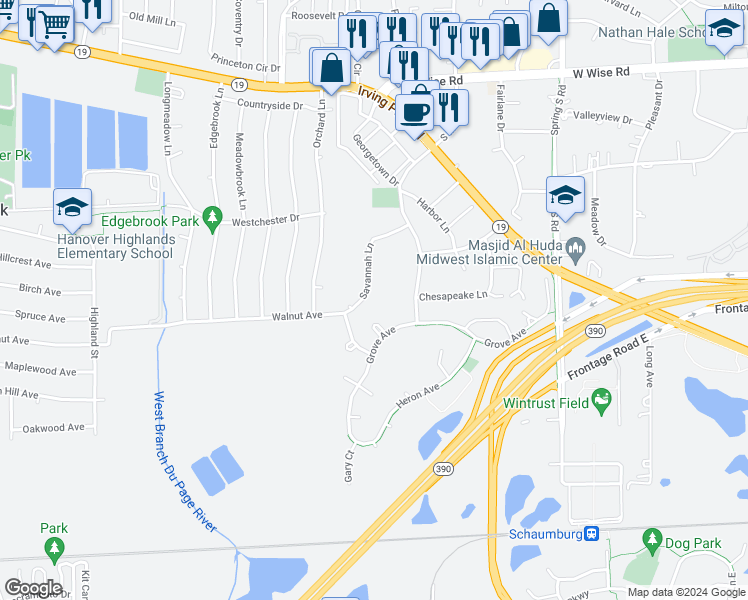 map of restaurants, bars, coffee shops, grocery stores, and more near 1800 Vista Court in Schaumburg