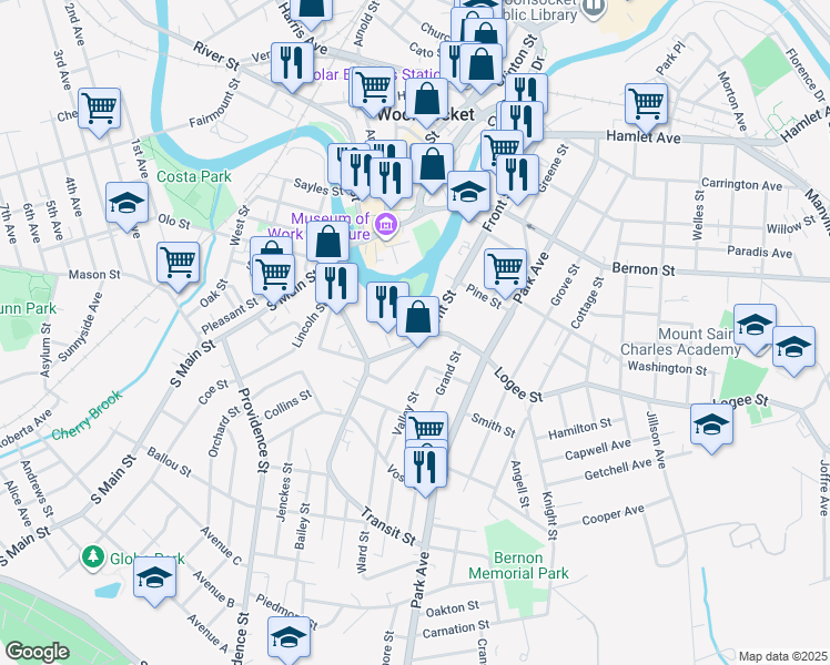 map of restaurants, bars, coffee shops, grocery stores, and more near 495 Front Street in Woonsocket