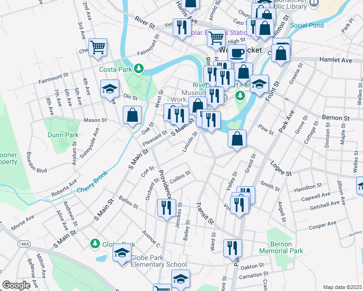 map of restaurants, bars, coffee shops, grocery stores, and more near 39 Parker Street in Woonsocket