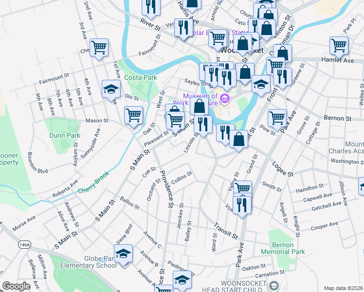 map of restaurants, bars, coffee shops, grocery stores, and more near 39 Parker Street in Woonsocket