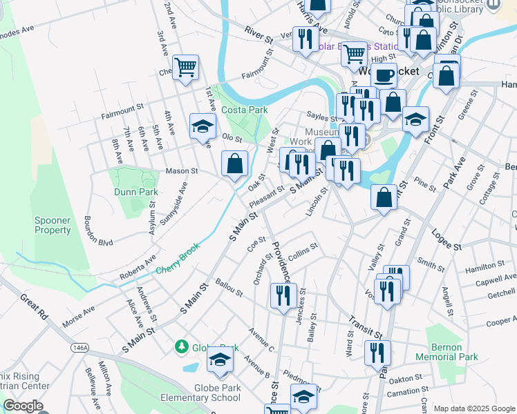 map of restaurants, bars, coffee shops, grocery stores, and more near 153 Pleasant Street in Woonsocket