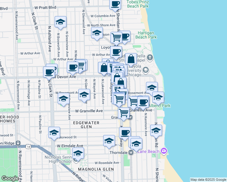 map of restaurants, bars, coffee shops, grocery stores, and more near 6321 North Magnolia Avenue in Chicago