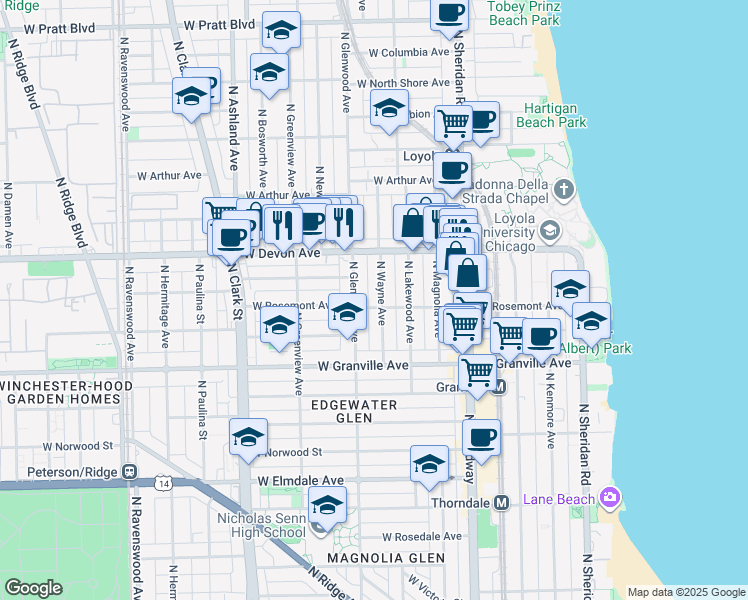 map of restaurants, bars, coffee shops, grocery stores, and more near 6322 North Wayne Avenue in Chicago