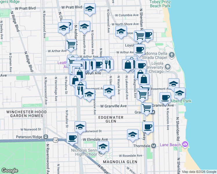 map of restaurants, bars, coffee shops, grocery stores, and more near 1408 West Rosemont Avenue in Chicago